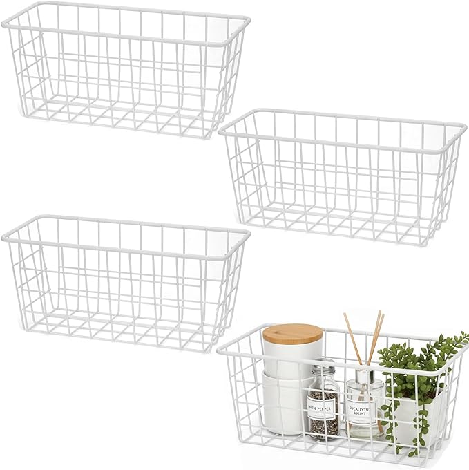 LeleCAT Hanging Kitchen Baskets For Storage Adhesive Sturdy Small Wire Storage Baskets No Drilling Wall Mounted Kitchen Food Pantry Bathroom Shelf Storage, 4 PACK,White