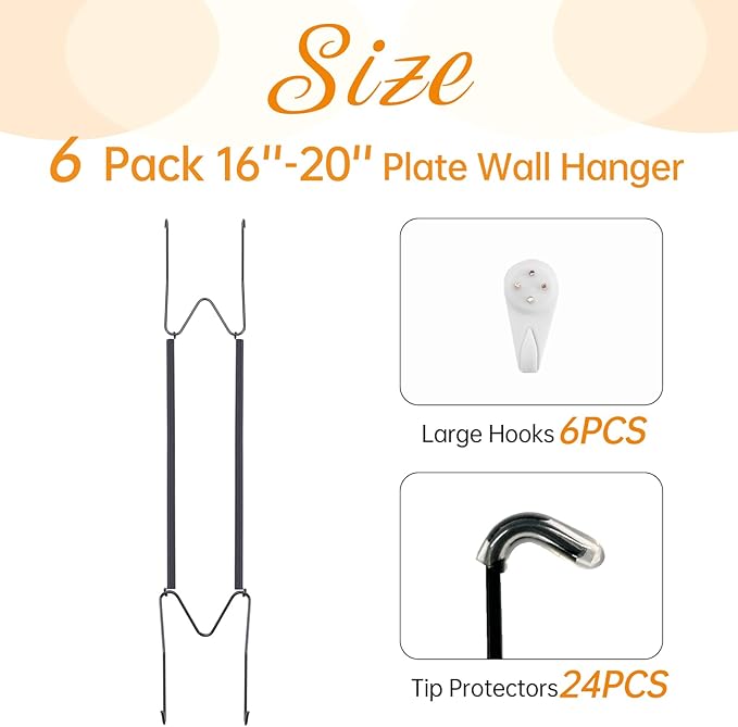 Bilillo 6 Pack Plate Hangers for The Wall, Suitable for 16''-20'' Decorative Plate,Invisible Heavy Duty Wire Plate Holder with Wall Hooks, Plate Hangers for Displaying Plates, Platter, Dish (Black)