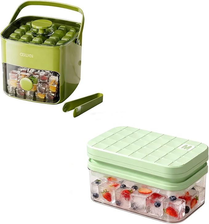 Ice Cube Tray with Lid and Bin + Silicone Ice Cube Trays with Lid and Bin