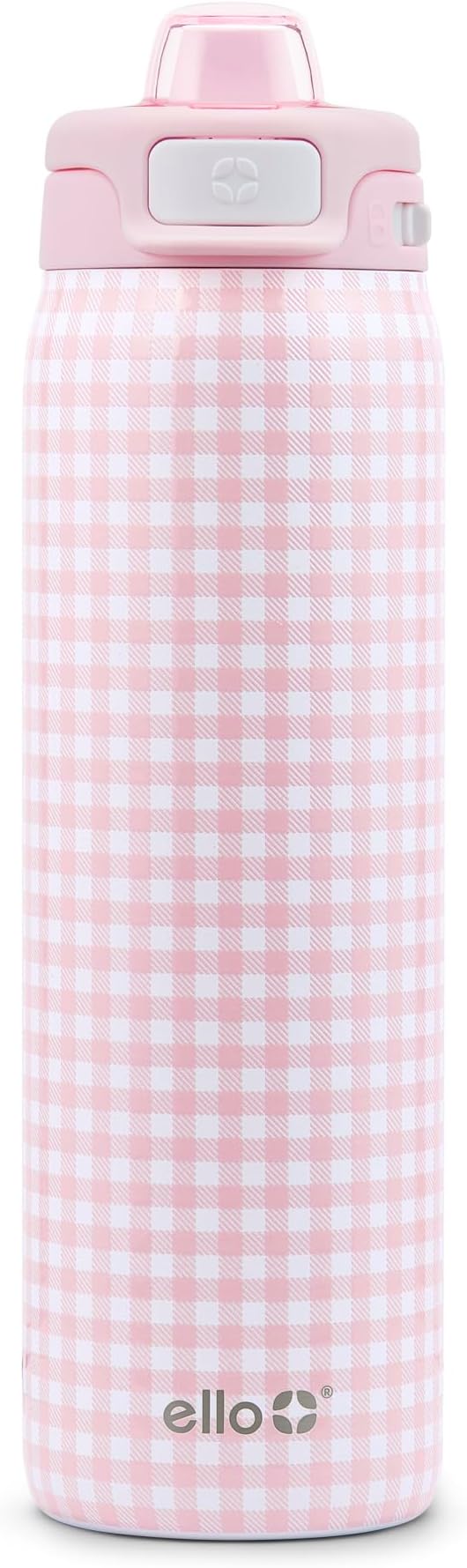 Ello Pop & Fill 22oz Stainless Steel Water Bottle with QuickFill Technology, Double Walled and Vacuum Insulated Metal, Leak Proof Locking Lid, Straw and Chug, Reusable, BPA Free, Pink Gingham