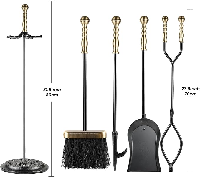 5 Pieces Fireplace Tools Sets Wrought Iron Firewood Kit with Handle Durable Tool Set and Holder for Fire Pit Stand Indoor Tong Shovel Poker Brush Firewood Accessories (Brass)