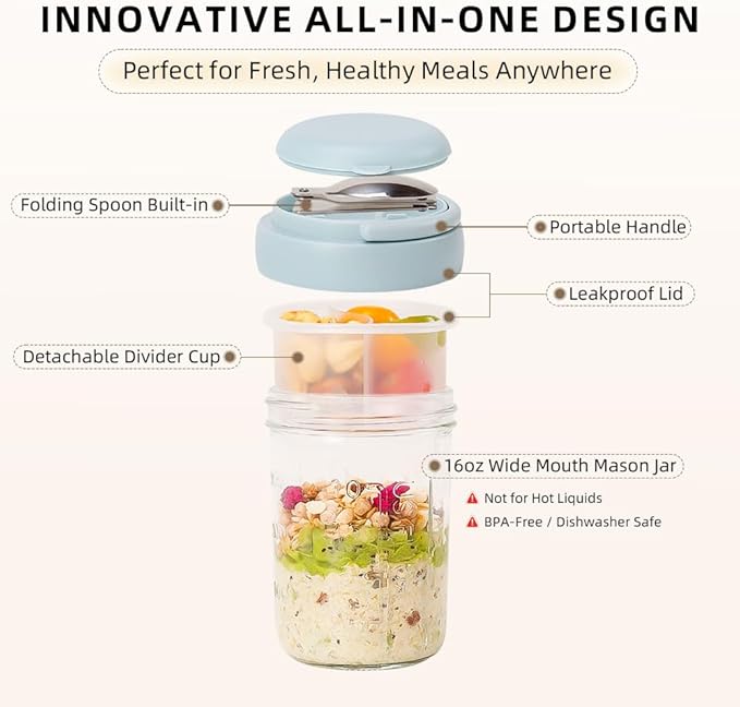 2 Pack Overnight Oats Containers with Lids and Handles, Folding Spoons & Divided Compartments for Fruit & Nuts, 16oz Glass Mason Jars for Oatmeal, Meal Prep & Breakfast (Cream/Blue)