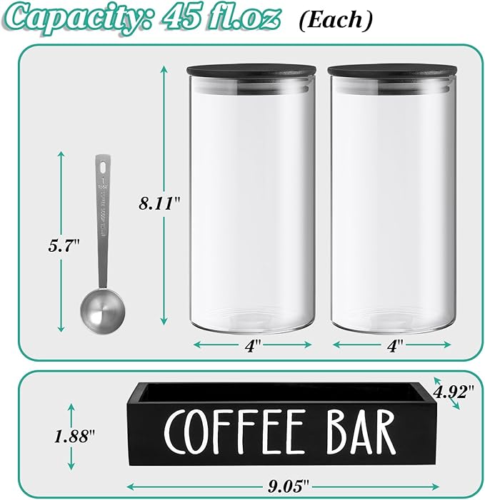 Glass Coffee Canister for Ground Coffee - 2Pcs 45oz Coffee and Sugar Container Set with Airtight Bamboo Lids and Black Tray - Farmhouse Coffee Bean Storage Jars for Coffee Bar Decor and Accessories