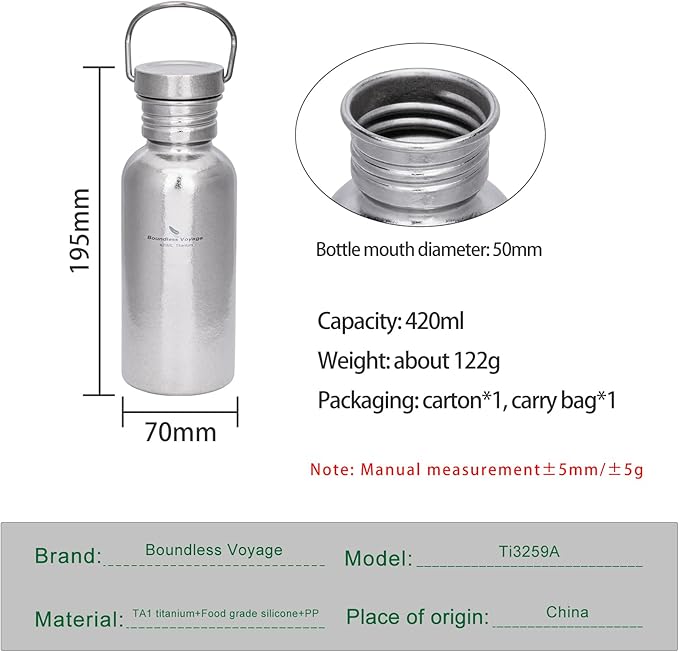 Boundless Voyage Titanium Water Bottle with Lid Wide Mouth Leak-Proof Reusable Sport Drinking Bottle for Camping Hiking Picnic Climbing Running Tea Coffee (420ml-glossy)