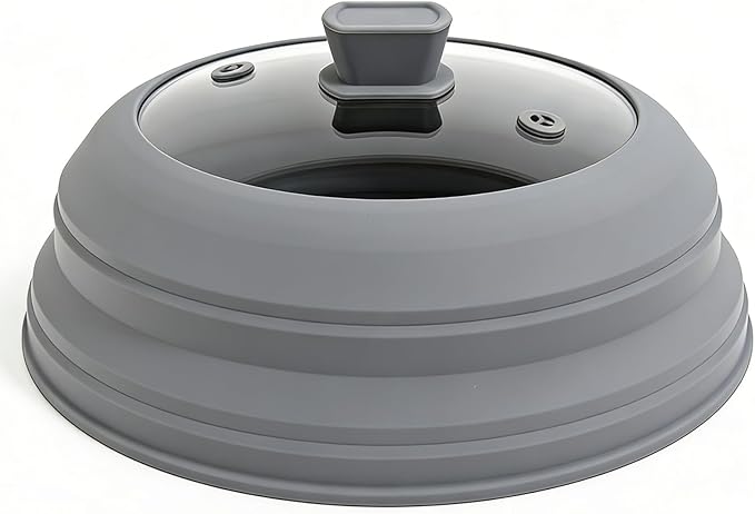 3 in 1 Microwave Splatter Glass Cover with Silicone Mat and Base Plate,BPA Free Collapsible Silicone Microwave Food Cover with Vent Hole and Anti-scald Silicone Handle,Dishwasher Safe (Small-Gray)