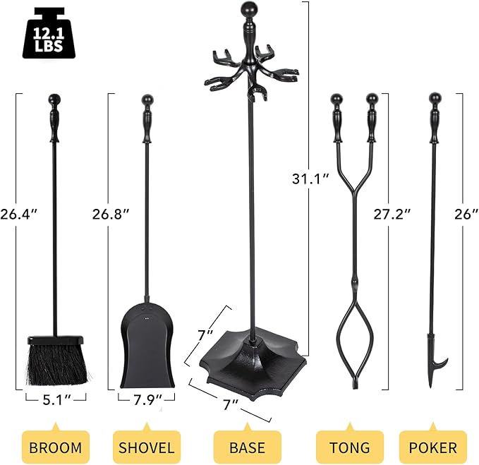 nalone 5 Pieces Fireplace Tools Set, Heavy Duty Wrought Iron Fireplace Accessories Set with Poker, Tong, Shovel, Brush, Fire Place Tools Indoor Outdoor (Black)