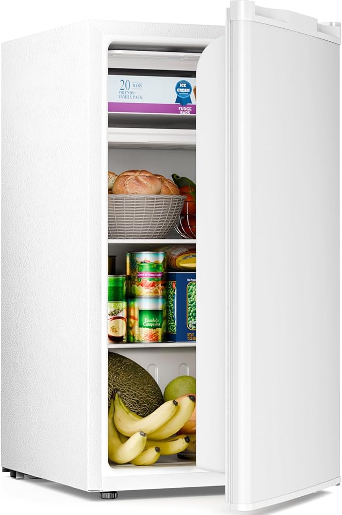 Antarctic Star 3.2 Cu.Ft.Compact Refrigerator with Freezer, Mini Fridge Single Door with Adjustable Thermostat,Removable Glass Shelves for Apartment,Dorm,Office,Kitchen，WHITE