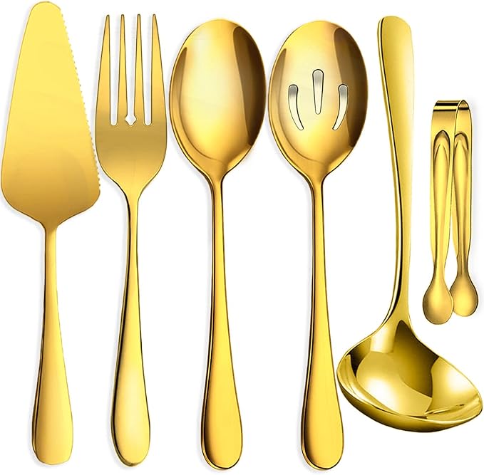 6 PCS Stainless Steel Serving Utensils, Large Serving Spoons Slotted Spoons, Forks, Ice Suger Tongs, Cake Server, Soup Ladle, Metal Utensils Set Great for Buffet Catering Banquet Party, Gold