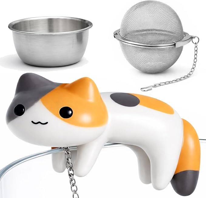 Calico Cat Tea Ball for Loose Leaf Tea, Cute Tea Infuser with 304 Stainless Fine Mesh Tea Ball Strainer & Drip Tray, Leak-Resistant Locking Fit, 6.1in Mug Chain, Gift Box, 1 Pack