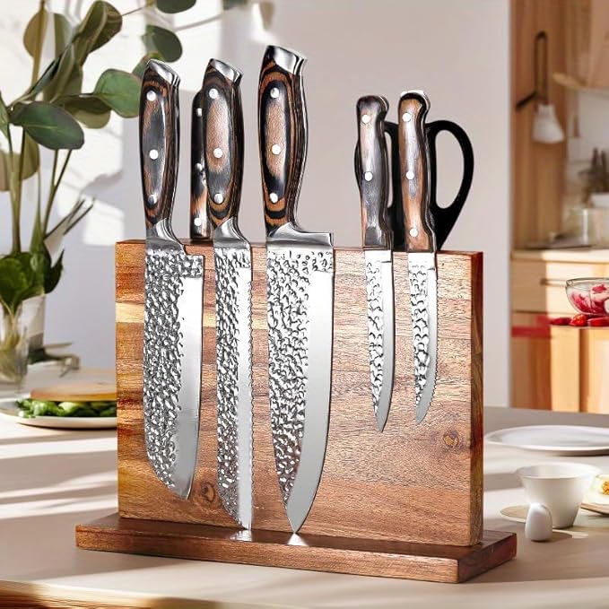 Magnetic Knife Block Stand, Kitchen Counter Organizer, Double-Sided Kitchen Knife Holder, Acacia Wood, Universal Storage Organizer, 11.7 x 8.6 x 4 inches
