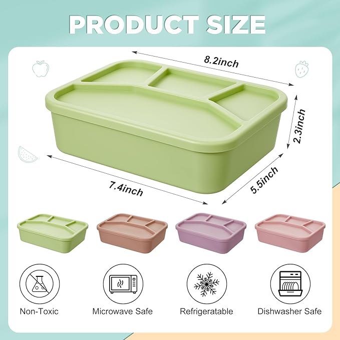 Ziliny 4 Pcs Silicone Bento Box Reusable Lunch Container Smooth Leak Proof Lunch Box Rectangle Bento Boxes for Adult Work Travel Food Meal Compartment Storage, 4 Colors(Pastel Color)