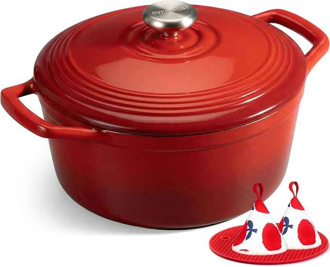 Overmont Refined Enameled Cast Iron Dutch Oven - 5.5QT Pot with Wide Handles Lid Cookbook & Cotton Potholders - Heavy-Duty Pre-Seasoned Cookware Oven Safe to 500°F for Braising, Stews, Roasting, Bread Baking