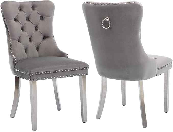 Velvet Dining Chairs Set of 2, Upholstered Dining Room Chairs with Back Ring Pull Trim and Sliver Stainless Steel Legs,Tufted Wingback Chair Perfect for Dining Room,Kitchen(Grey)