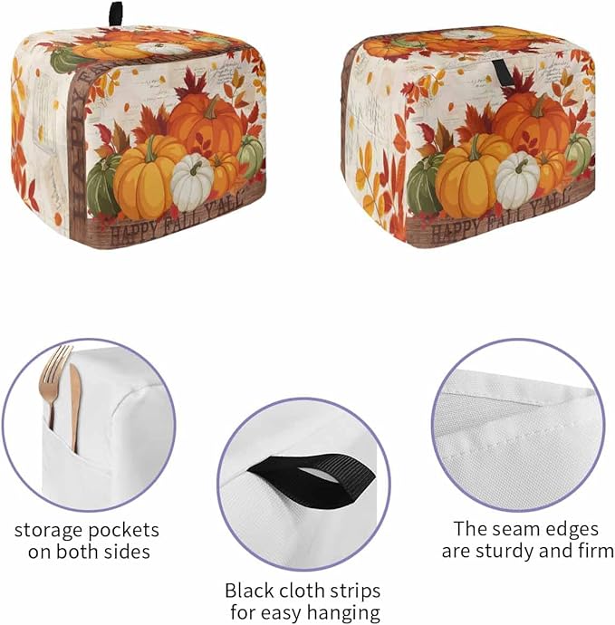 Orange Pumpkins Fall Toaster Cover 2 Slice, Thanksgiving Maple Leaf Dustproof Bakeware Oven Protector with Top Hook, Autumn Retro Waterproof Small Kitchen Appliance Toasters Dust Cover, 11"x6"x8"