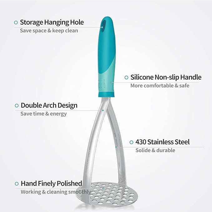 Joyoldelf Heavy Duty Potato Masher, Stainless Steel Integrated Masher Kitchen Tool & Food Masher/Potato Smasher with Non-slip Handle, Perfect for Bean, Vegetable, Fruits, Baby Food, Avocado, Meat