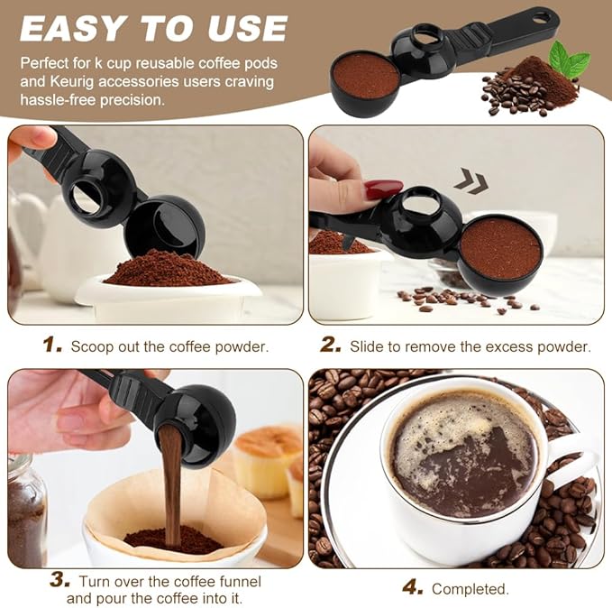 Coffee Scoop & Funnel for K-Cups Reusable, Coffee Spoon with Slide Scoop Measuring Scoo p with Funnel for Filling Water Bottles for Ground Coffe e Protein Powder without Spilling (black2)