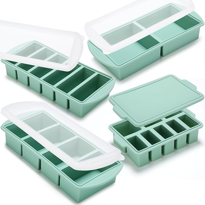 4 Pack Silicone Freezer Trays with Lid, 1/5, 1/2, 1, and 2 Cup Soup Freezer Molds Set Stainless Steel Frame Ice Cube Tray for Meal Prep Freezing Soup Stews Sauces Oven Microwave Safe(Green)