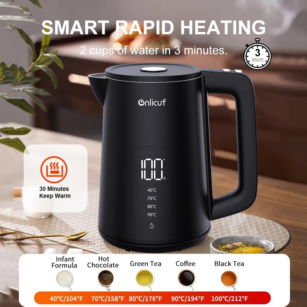 Electric Water Kettle,1.7L Double Wall Electric Tea Kettle with Temperature Control, Stainless Steel Water Boiler Heater, Digital Screen Teapot, Cordless, BPA-Free, Black