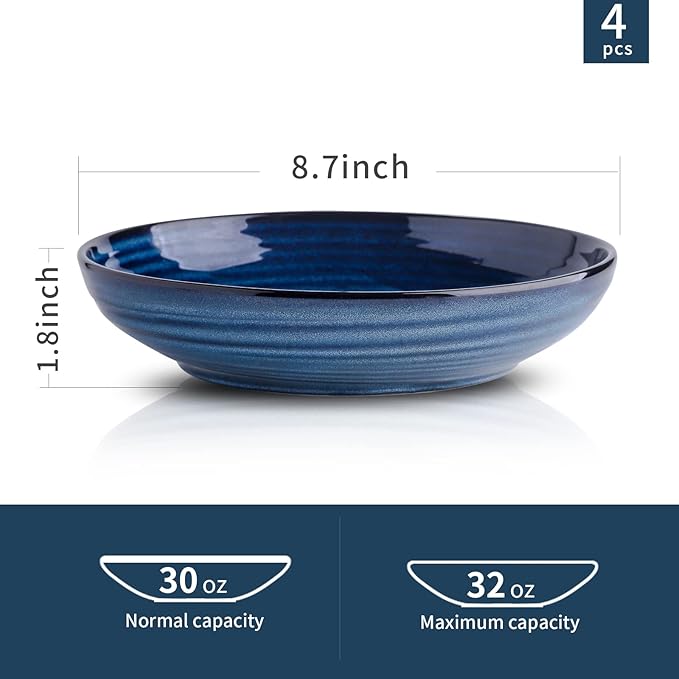 HASENSE Ceramic Pasta Bowls Set of 4, 32 Ounce Salad Serving Bowls for Kitchen, 8.7 inch Large Shallow Bowls for Pasta Salad Dinner Soup, Microwave Dishwasher Safe, Blue