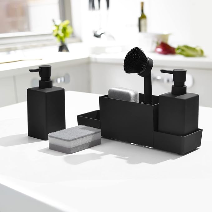 Kitchen Soap Dispenser with Sponge Holder Set for Sink Caddy, Hand Soap and Dish Soap Dispenser with Brush (Black)