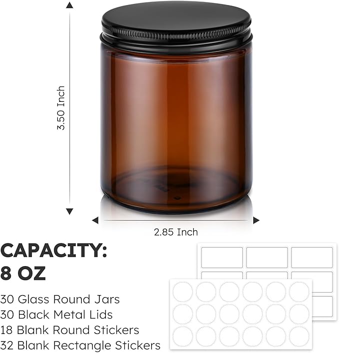 Tecohouse 8oz Glass Jars with Lids, 30 Pcs Amber Candle Jars for Making Candles with White Labels & Inner Liners, Empty Airtight Round Cosmetic Containers for Cream, Spice, Lotion, Ointments, Liquid
