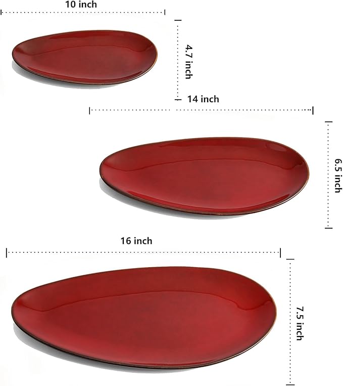 vicrays Large Oval Serving Platters, 16"/14"/10" Porcelain Serving Platters for Party, BBQ,Stackable Serving Trays Serving Plates for Appetizers, Sushi, Restaurant, Set of 3 (Cherry Red)