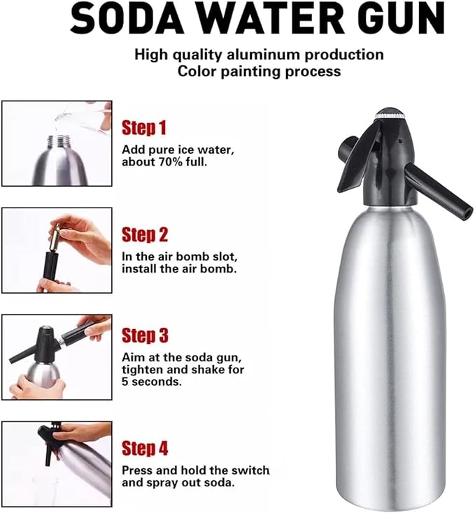 Soda Siphon, 1L Soda Maker Sparkling Water Maker Portable Soda Maker, Aluminium Carbonated Water Machine for Home Bar Making Cocktails DIY Sparkling Drinks, Use 8 gram CO2 Cartridges (Not Included)