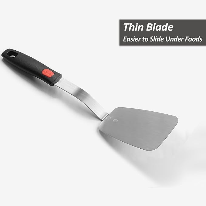 Stainless Steel Flexible Spatula Turner, VOVOLY Thin Metal Spatula for Cast Iron Skillet, Thin Blade and Heat Resistant Silicone Handle, Great for Egg, Cookie, Meat, Crep, Medium