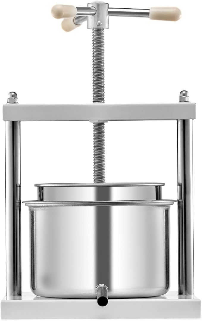 VEVOR 1.45 Gal/5L Fruit Wine Press, 2 Stainless Steel Barrels, Manual Juice Maker, Cider Apple Grape Tincture Honey Olive Oil Making Press with Triangular Handle for Outdoor Kitchen Home