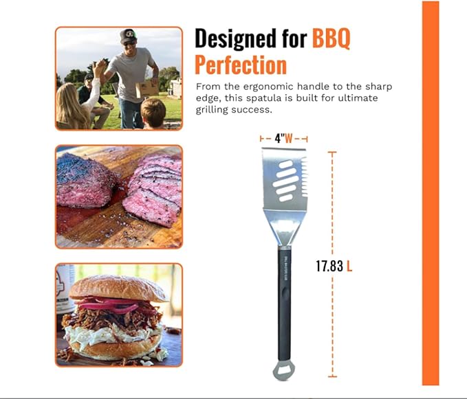 Grill Masters Club 4-in-1 BBQ Spatula | Multifunctional Stainless Steel Grill Spatula with Polypropylene Handle, Serrated Edges, Bottle Opener | Perfect for BBQ grills, kebabs for Camping & Picnics