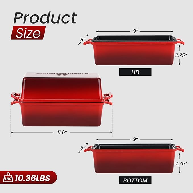 Northriver Casting 9x5 Inch Enameled Cast Iron Loaf Pan with Lid, Perfect Bread Baking Pan | Even Heat Distribution for Homemade Bread, Cake, Meatloaf，2 Piece set，Red