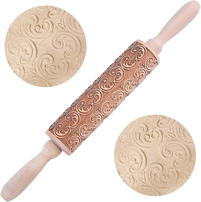Embossed Wooden Rolling Pin Darker 3D Scrollwork Rattan 36cm Rolling Pin for Baking Biscuits DIY Kitchen Tool Baking Accessories Homemade Bakery Pastry Cookie Fondant Dough Pizza