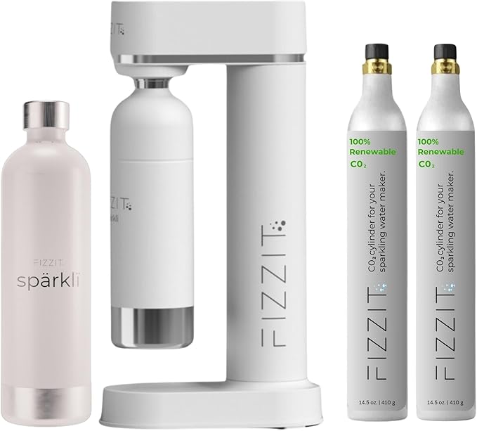 Fizzit Spärklï Stainless Steel Sparkling Water Maker with 2 CO2 Cylinders & 1L Reusable Bottle – Soda Streaming Machine Carbonated Water Maker for Home – No Electricity Needed, Dishwasher Safe