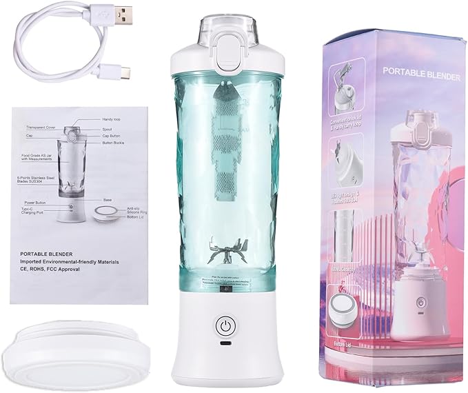 Portable Blender for Smoothies Shakes Juice, 20 Oz for Gym Home Office Travel, Personal Small Mini Glass Mixer, with 6 Blades 150W USB Rechargeable Electric Handheld Blender Cup Bottle