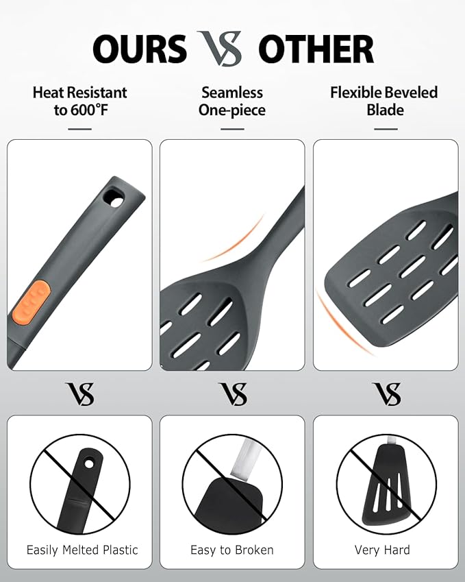 Silicone Spatulas and Spaghetti Spoons, 4 Pack Heat Resistant Full Silicone Cooking Utensils Set, Non Stick Large Kitchen Spatula Spoons for Cooking, Mixing, Serving, Draining