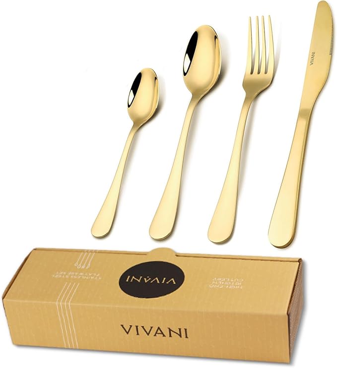 VIVANI Gold Silverware Set for 4, 16-Piece Stainless Steel Flatware Sets, Gold Utensils Set, Cutlery Set, Knife Spoons and Forks Set for Home, Restaurant, Dorm, Dishwasher Safe