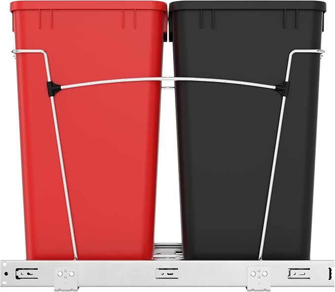 Rev-A-Shelf Pullout Trash Can for Kitchen Cabinets 27 Qt Garbage Recycling Bin with Full Extension Slides, Red/Black, RV-15KD-1618C-S