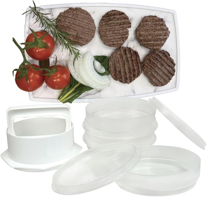 Trenton Gifts 3-in-1 Hamburger Press Patty Maker - Includes Burger Mold, Patty Press, and 4 Storage Containers - The Essential BBQ Tool for Meat and Veggie Patties