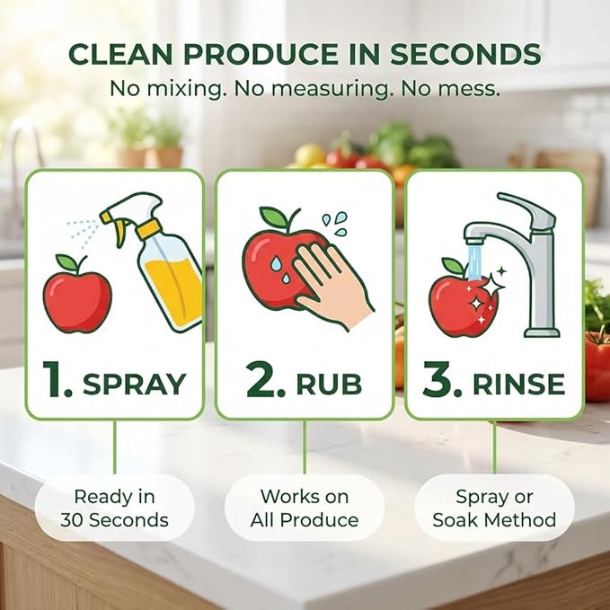 Truly Free Fruit and Vegetable Wash - Veggie Wash Removes 99% of Dirt & Wax | Plant-Based Produce Cleaner Spray | No Aftertaste, Refillable, Made in USA | Fragrance-Free, 16oz