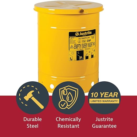 Justrite 6 Gallon Galvanized Steel Oily Waste Can, 16" x 12" Metal Oil Rag Safety Can with Hand Operated Self-Closing Lid for Oil Rag Disposal, Made in The USA, Yellow, 09111