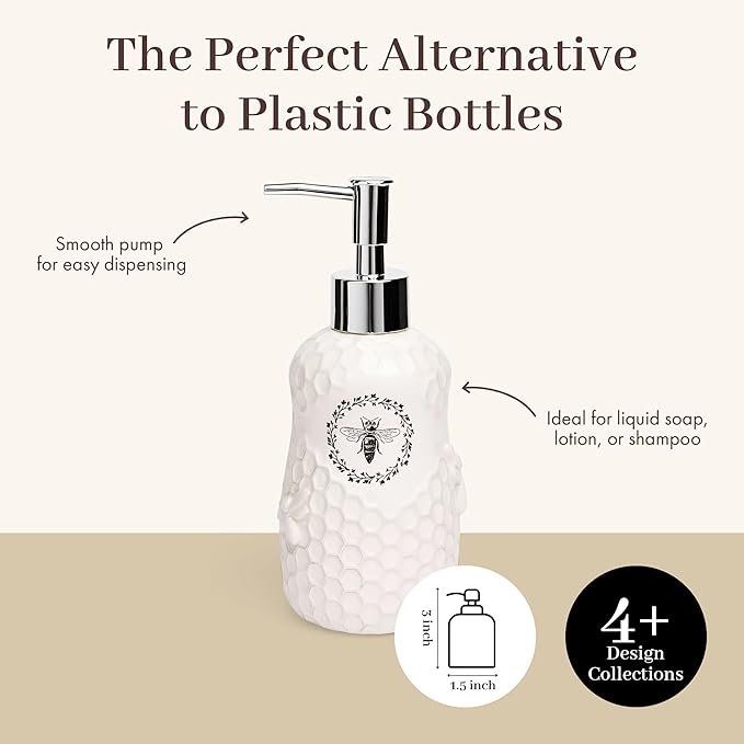 Young's Inc. Ceramic Honey Bee Soap Dispenser for Bathroom and Kitchen - White