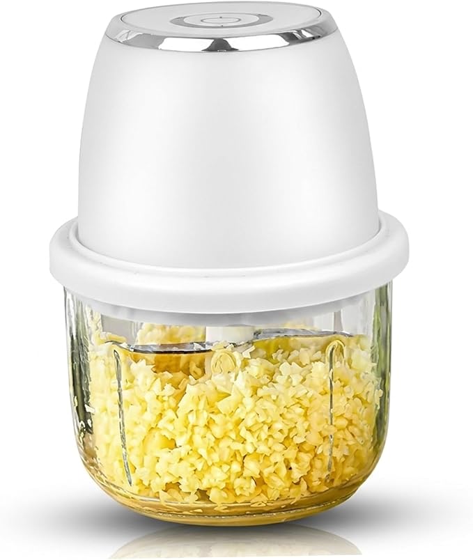 350ml Mini Food Chopper with 6 Stainless Steel Blades & Thickened Glass – Cordless Electric Garlic Chopper for Garlic Ginger Herbs Easy Clean Powerful Motor (White)