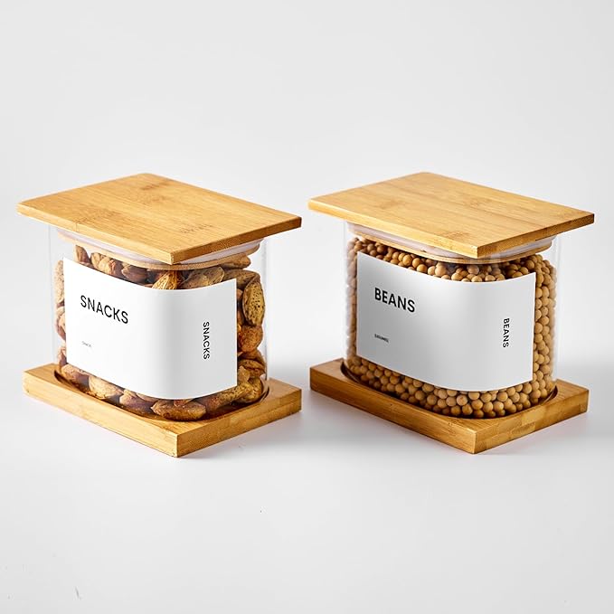Glass Storage Jars with Bamboo Lids, 50oz Square Food Storage Containers for Kitchen Pantry Organization, Storage Canisters with Labels for Cereal Flour Beans Tea, Large Spice jars Seasoning Bottles