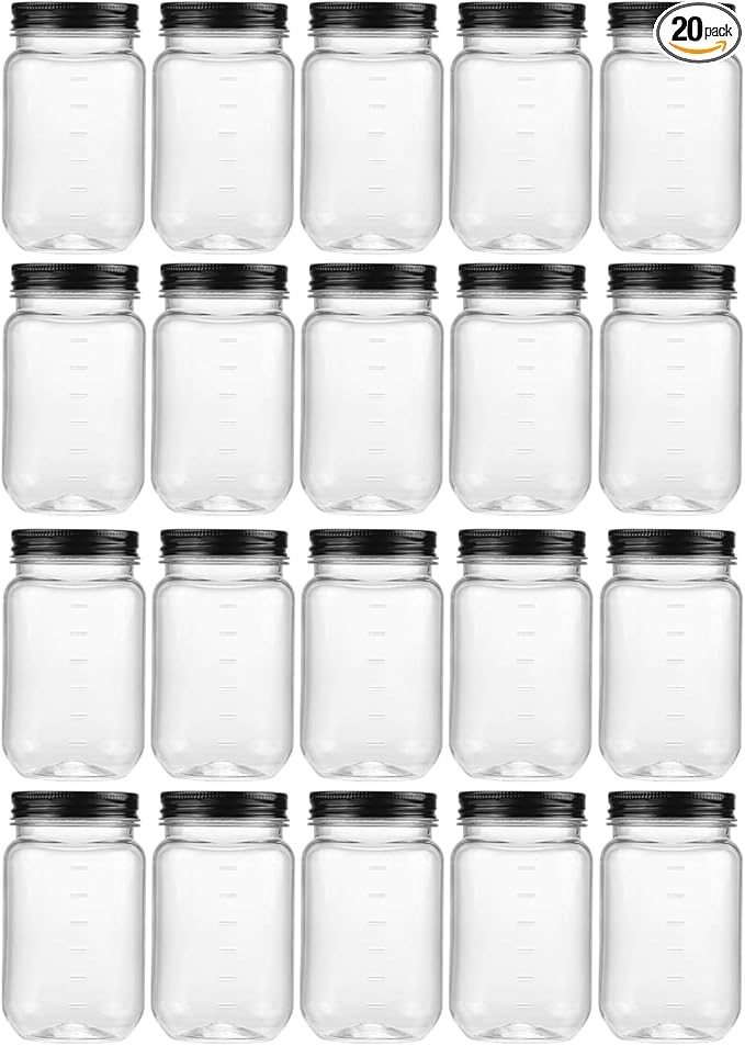 novelinks 16 oz Clear Plastic Jars with Lids, Refillable 16oz Mason Jars with Lids & Storage Containers for Kitchen & Household Use (20 Pack,Black)