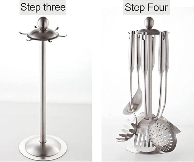 Firlar Kitchen Utensil Holder Organizer, Stainless Steel Kitchen Hooks Rack Kitchen Utensil Stand Countertop 360 Degree Rotating Utensil Holder with 6 Hooks for Kitchen Tabletop