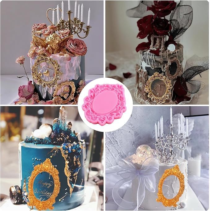 Mujiang Baroque Picture Frames Silicone Mold Photo Frame Fondant Molds Vintage Frame Mold For Sugar Cake Decorating Cupcake Topper Chocolate Gum Paste Candy Polymer Clay Set Of 2