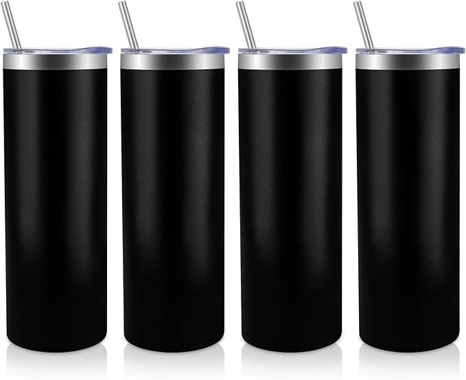 Volhoply 4 Pack Skinny Tumblers with Lid and Straw, 20oz Stainless Steel Straight Tumbler Bulk, Vacuum Insulated Coffee Mug for Home, Office, Travel, DIY (Black,4 Pack)