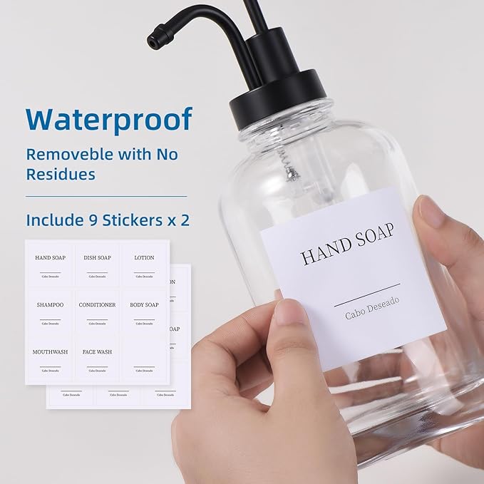 Glass Soap Dispenser with Pump, Dish and Hand Soap Dispenser for Kitchen Bathroom Set, Clear Glass Dispenser Set of 2 Pack with 18 Stickers Funnel Bamboo Tray 500ml 18oz / Each Bottle Sliver Pump