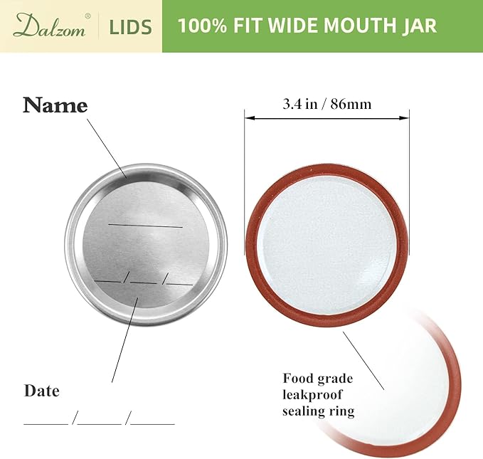 Dalzom® 24Pcs Canning Lids with 24Pcs Rings Wide Mouth, Premium Mason Jar Lids with Bands/Rings for Ball, Kerr Jars - Food Grade Material, 100% Fit & Airtight for Wide Mouth Mason Jars