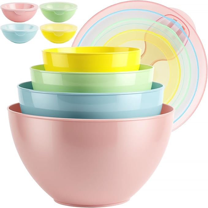 16 Piece Plastic Mixing Bowls with Lids Set - Nesting Bowls Set includes 8 Prep Bowls and 8 Lids, 2-in-1 Spoon-Fork, Large Salad Bowl for Preparing, Serving, and Storing, Dishwasher & Microwave Safe
